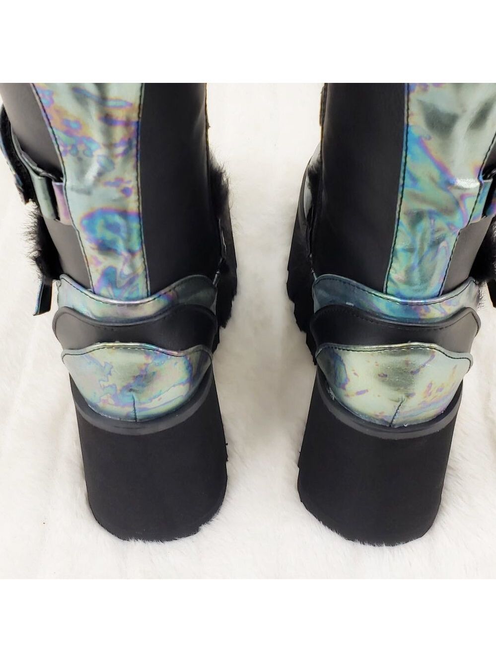Ash Goth Punk Furry Mid Calf Platform Boots - Picture 6 of 15